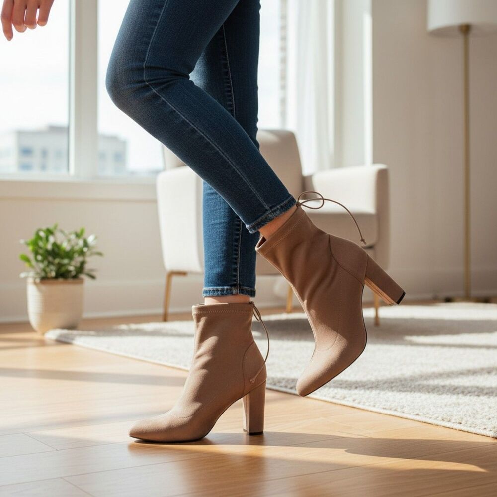 Bamboo Tan Suede Tie Up Platform Booties 10
